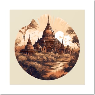 Illustration of Bagan, Myanmar in circle Posters and Art